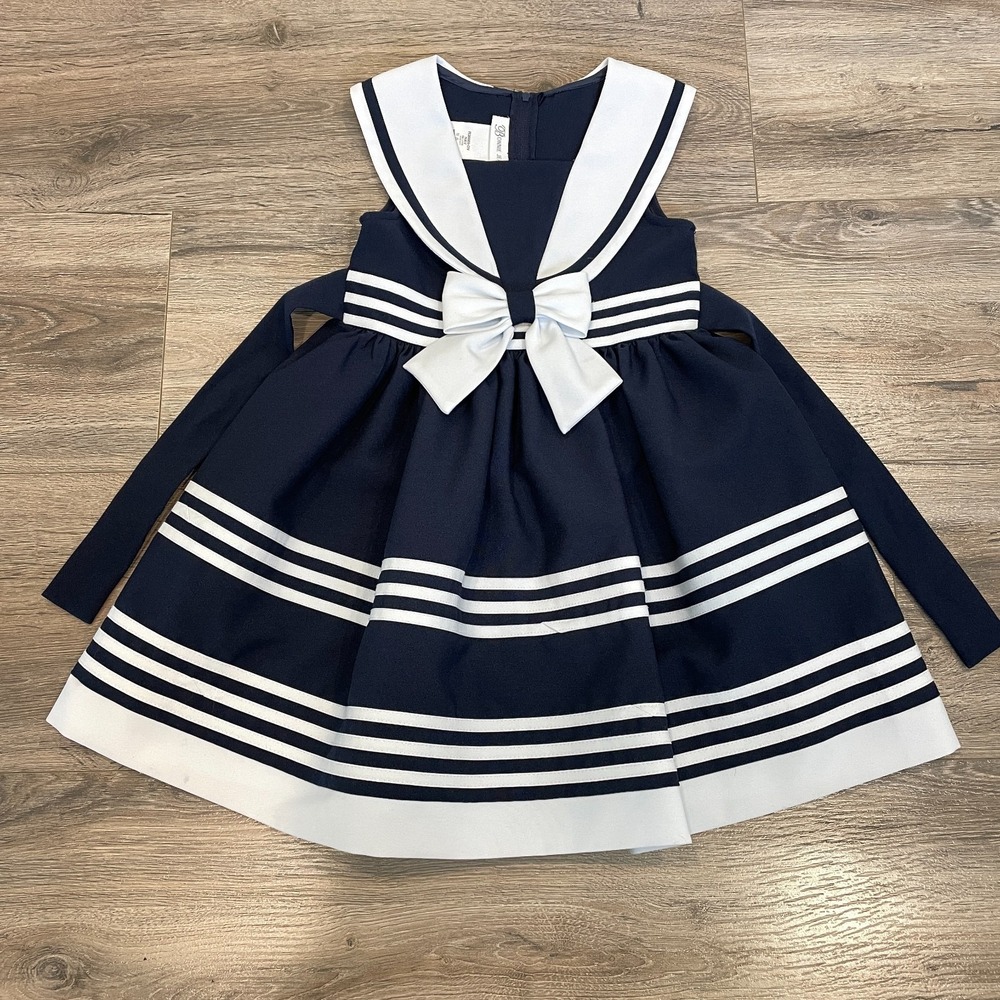 Vintage Bonnie Jean Girls Navy Blue Nautical Sailor‎ Dress 5T White Bow